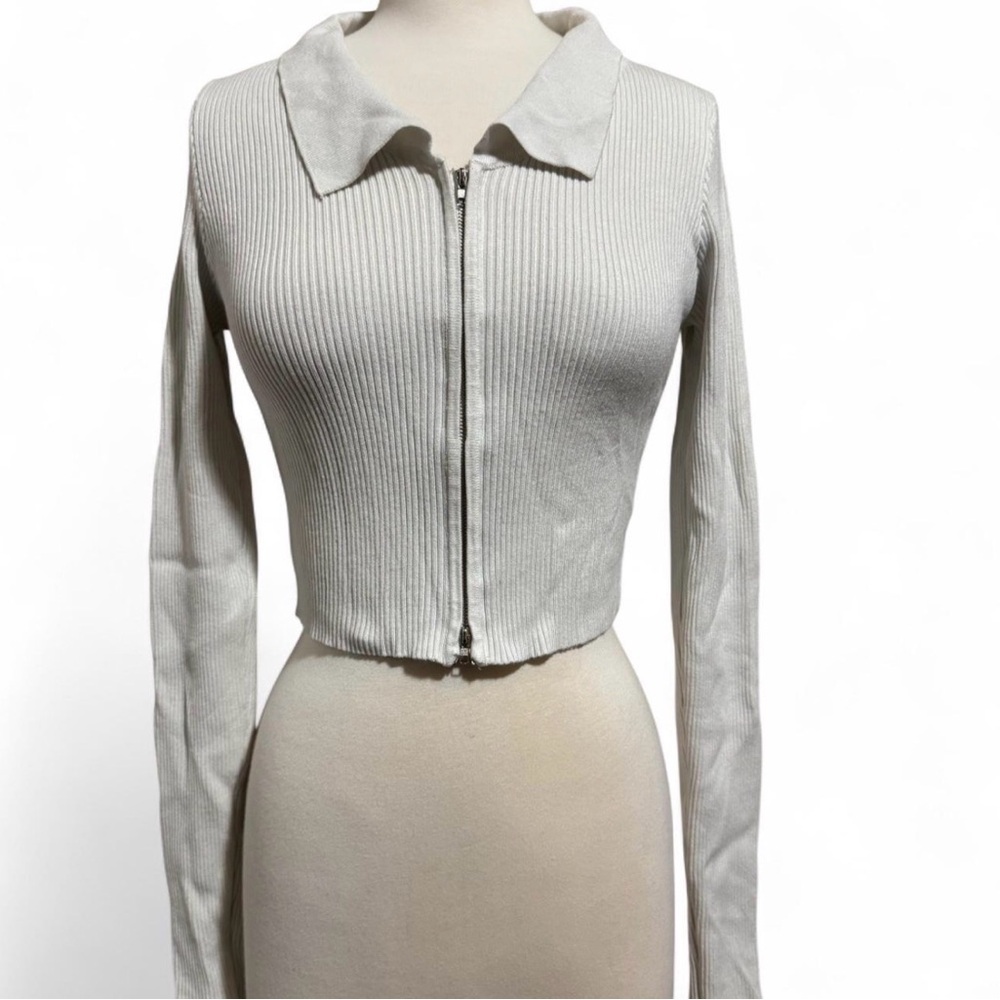 White Ribbed Long Sleeve 2 way Zip Cropped Shirt